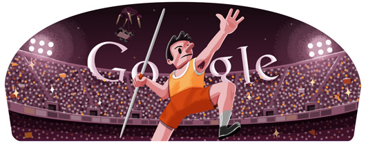Графический шуточный дудл - Метание копья на олимпийских играх в Лондоне 2012 от Гугл