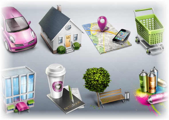 Бесплатные 3D иконки для сайта(машинка, дом, карта, велосипед, корзина, заметки и др.). Клипарт